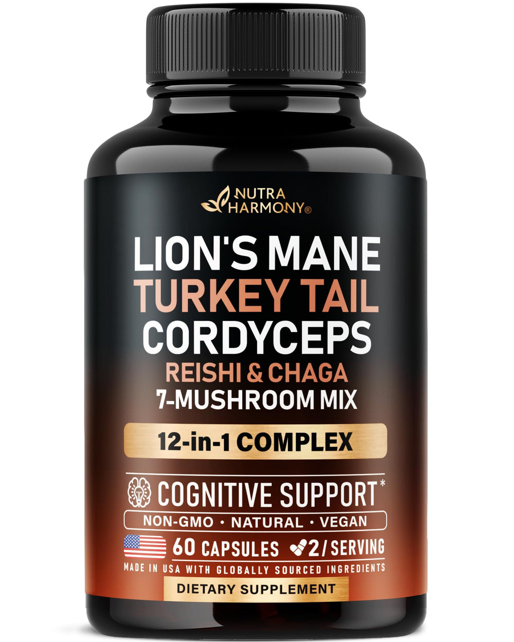 NUTRAHARMONY frente del envase mostrando 12 hongos, descripción clara del producto