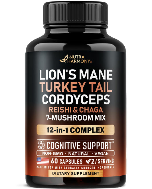 NUTRAHARMONY frente del envase mostrando 12 hongos, descripción clara del producto
