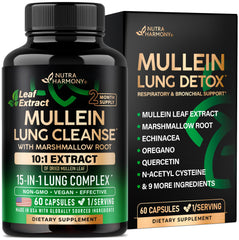 NUTRAHARMONY envase frontal de Mullein Lung Detox que muestra etiqueta y beneficios
