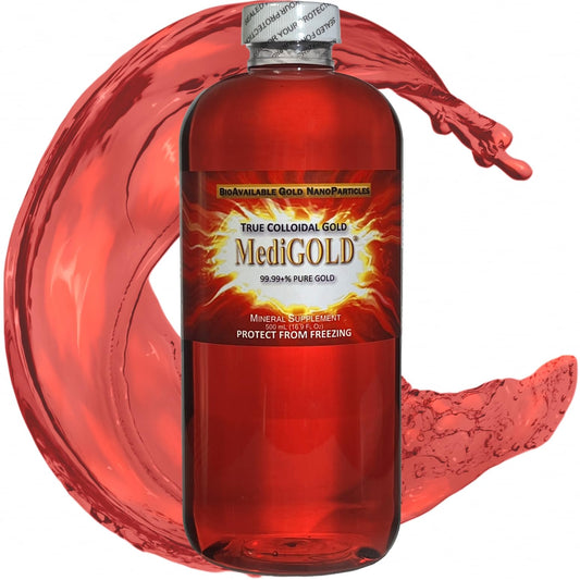 MediGOLD de Nutraneering, botella de 500 ml con oro coloidal en plástico transparente para uso diario.