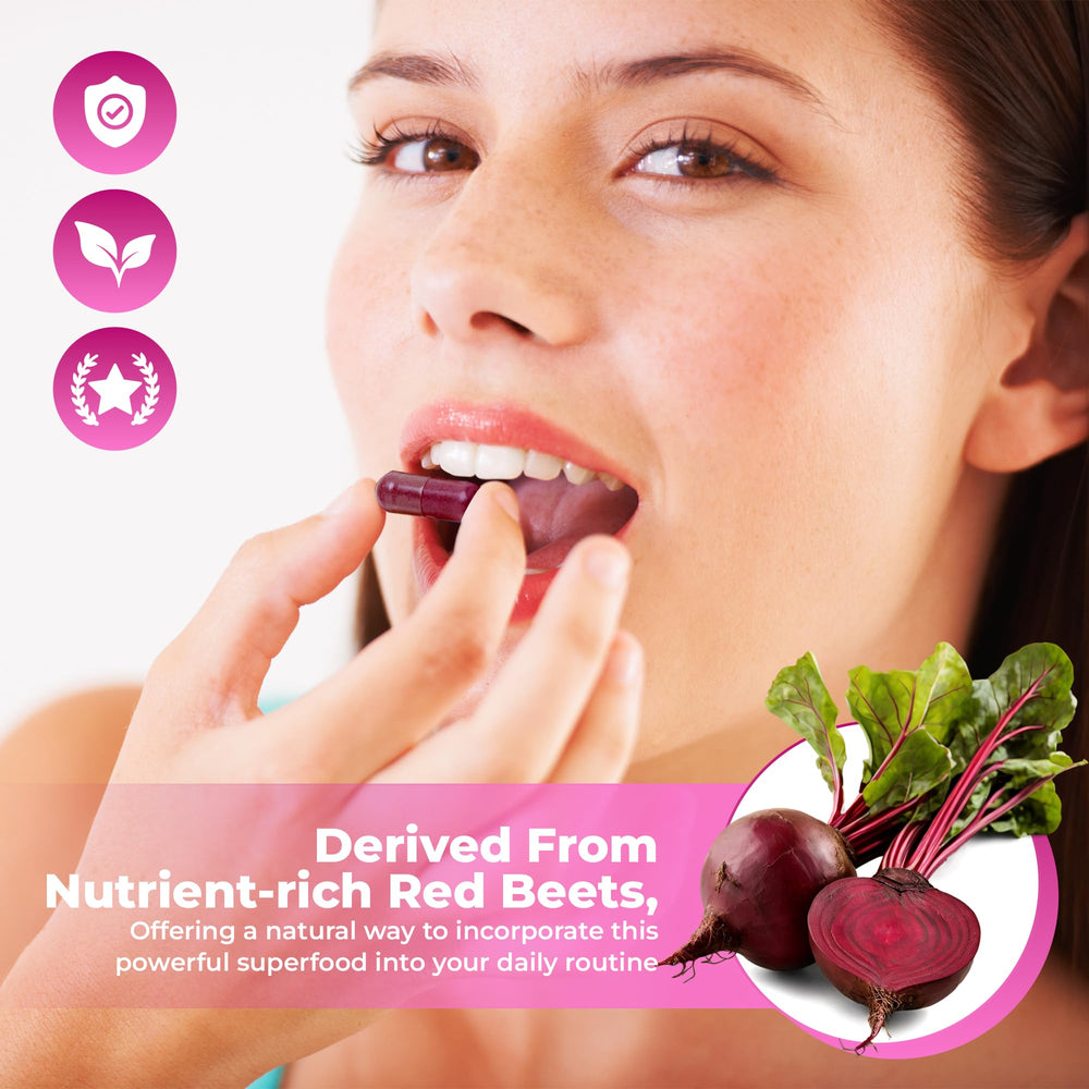 Nutrathrive cápsula abierta mostrando polvo de remolacha y calidad orgánica