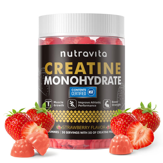 Nutravita gomitas creatina monohidrato sabor fresa; conveniente para entrenar.