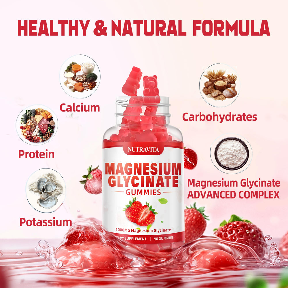 Gomitas Nutravita magnesio glicinato primer plano, textura suave y sabor frambuesa