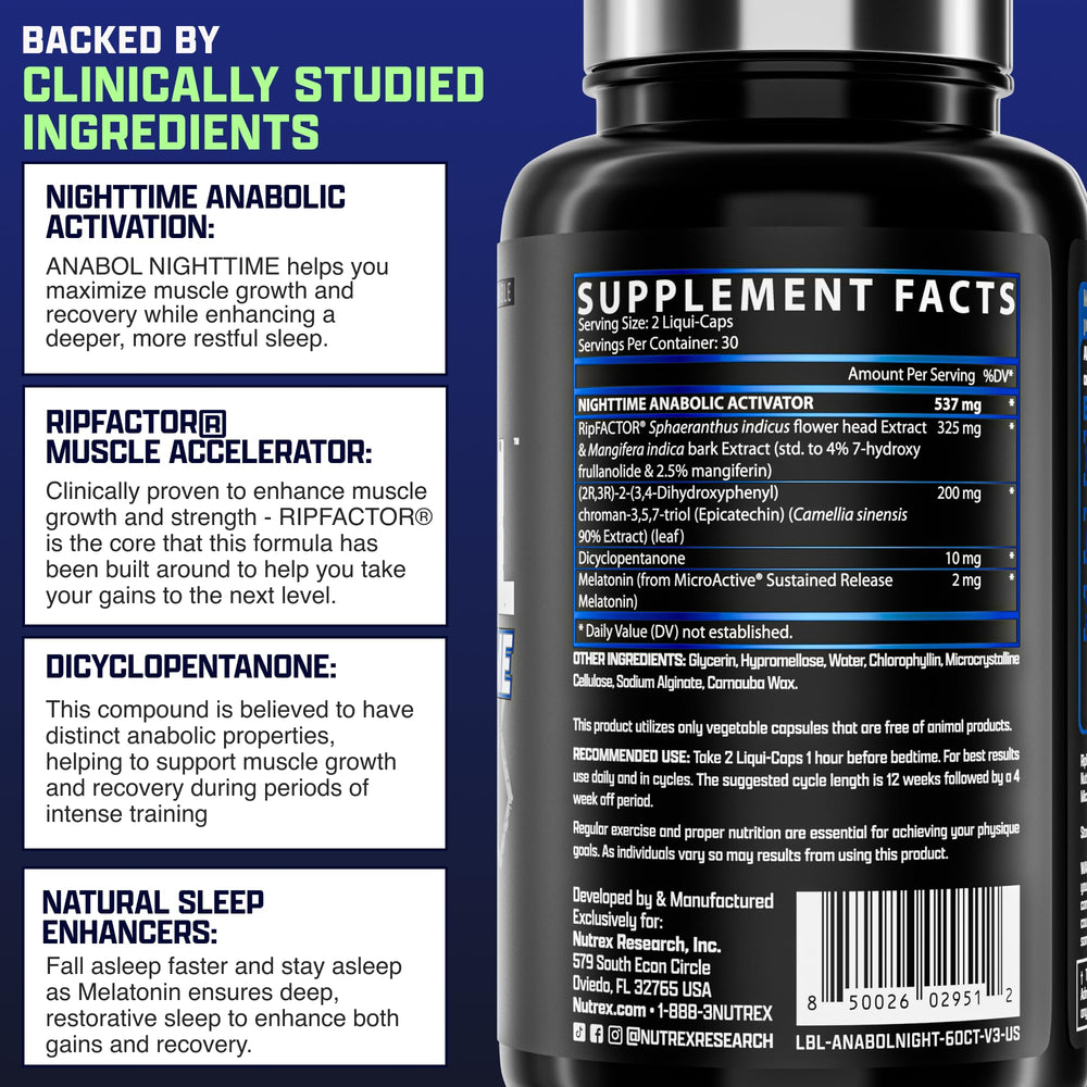 Nutrex Research Anabol PM ingredientes clave dispuestos transmite soporte muscular