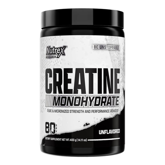 Nutrex Research frasco frontal del producto mostrando 80 servicios y diseño limpio, confianza de marca