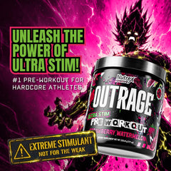 Nutrex Research Outrage textura del polvo en primer plano que facilita mezcla rápida