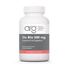 Nutricology Ox Bile 500 mg, botella frontal para apoyar la digestión de grasas.