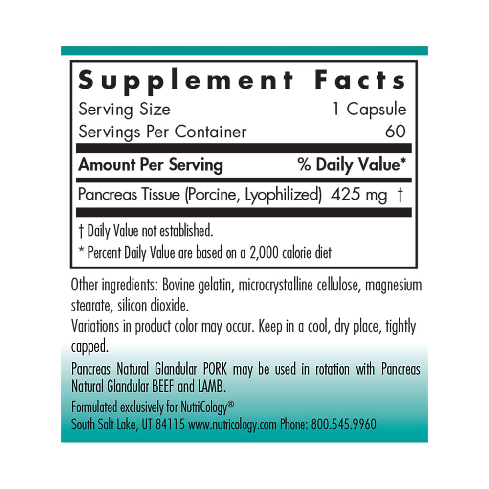 Envase de Nutricology Pancreas de Cerdo 425 mg, fácil de tomar