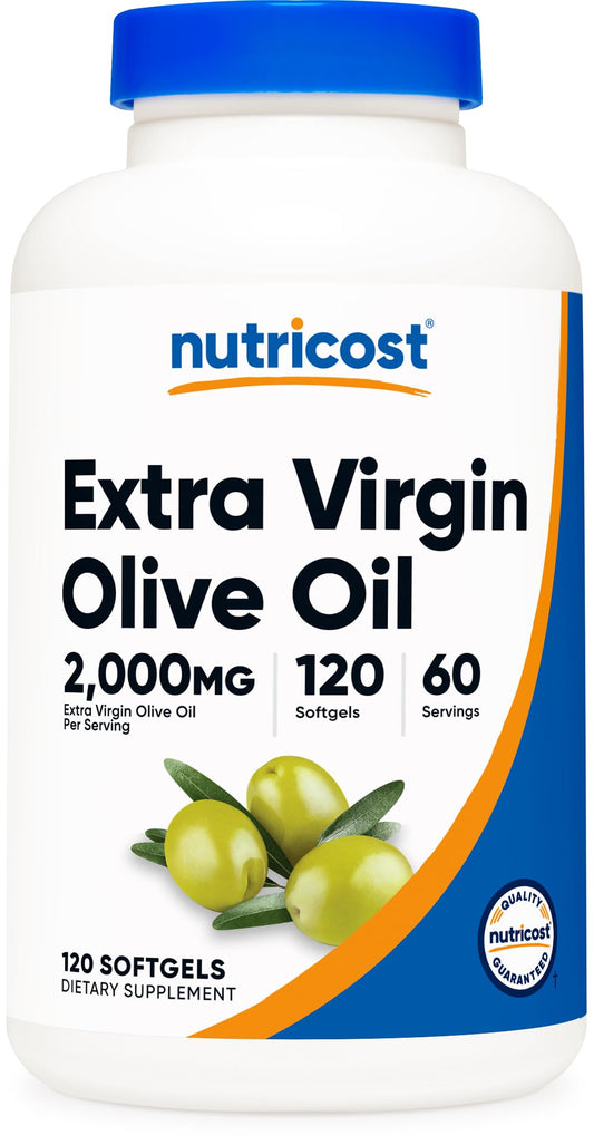 Nutricost Aceite de Oliva Extra Virgen, botella en mesa, para apoyo diario de salud.