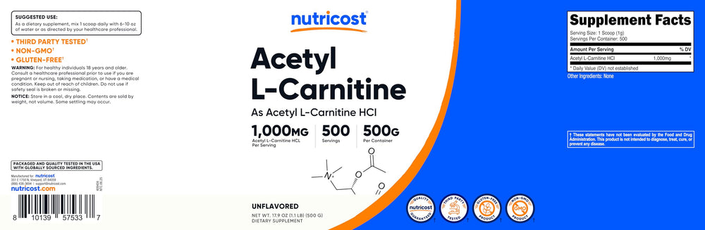 Nutricost Acetil L-Carnitina certificación tercero: calidad verificada por pruebas independientes.