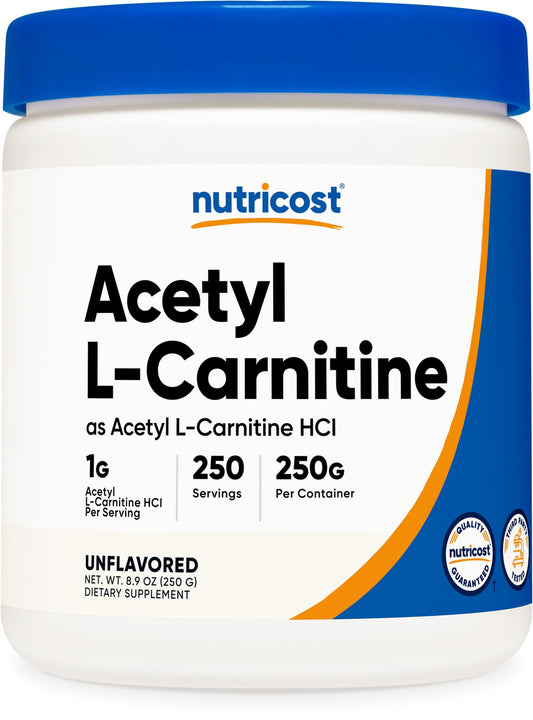 Nutricost Acetil L-Carnitina polvo con porción para uso diario.