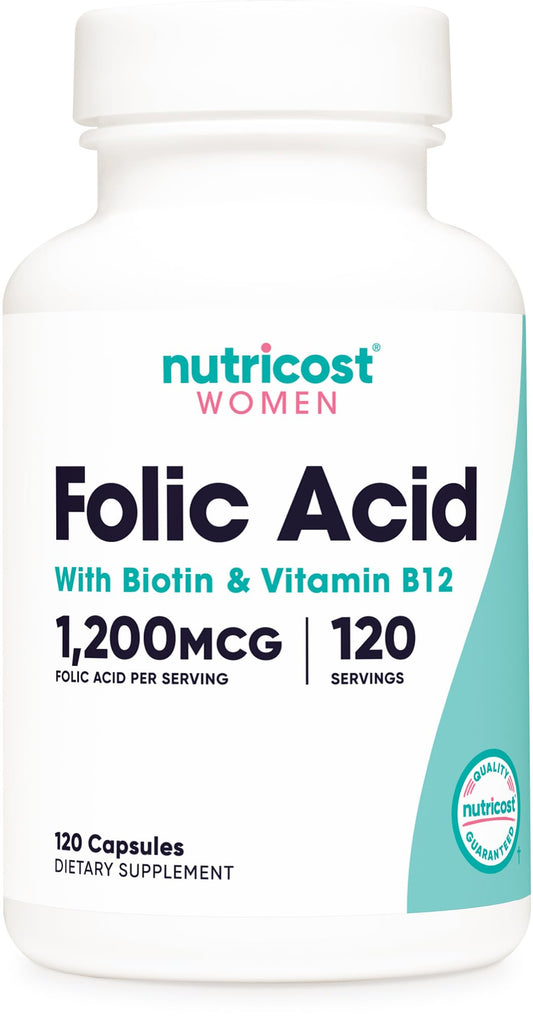 Nutricost ácido fólico para mujeres, cápsulas de 1200 mcg, uso diario.