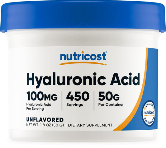 Nutricost ácido hialurónico en polvo, botella de 50 g, ideal para cuidado diario de la piel.