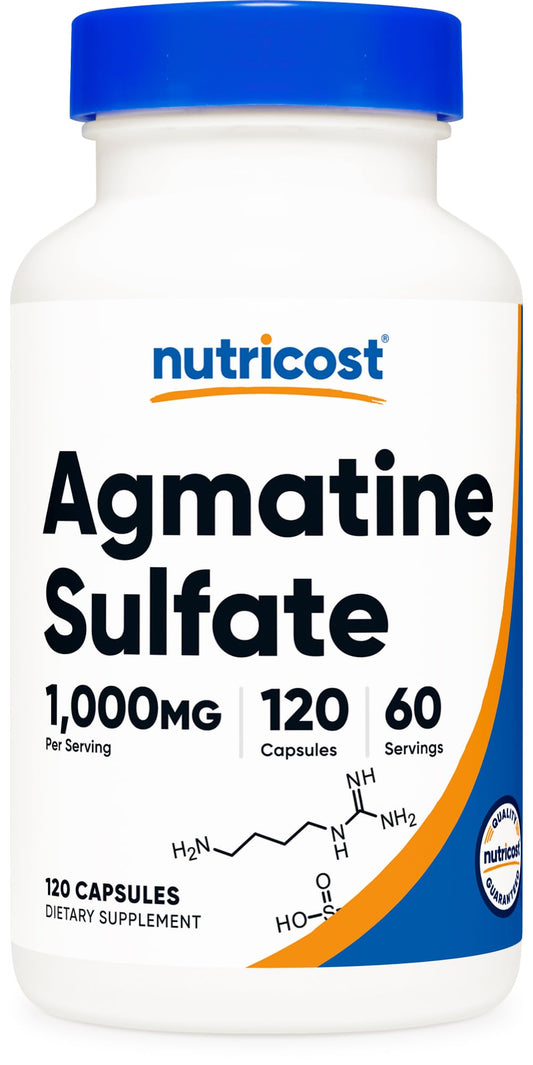 Nutricost Agmatine Sulfate bottle for pre-workout routines
