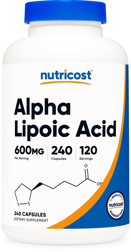 Nutricost alfa lipoico 600 mg, botella frontal, apoyo potencial para el metabolismo diario.