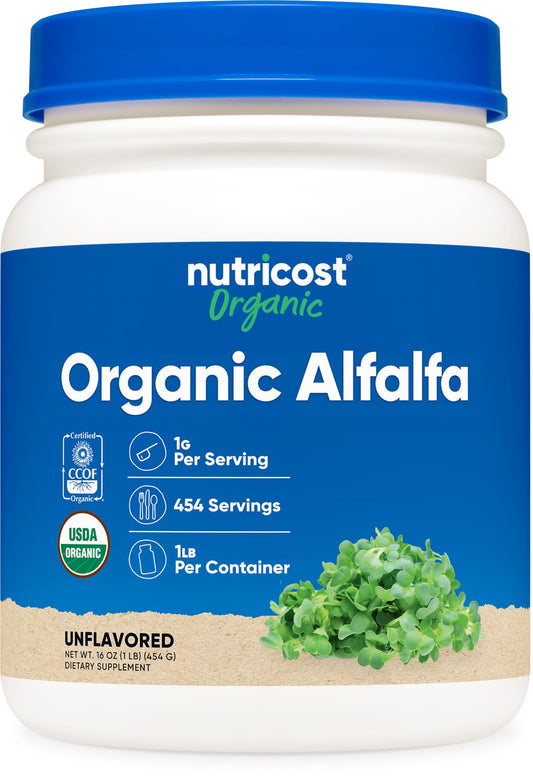 Nutricost Alfalfa Orgánico: polvo puro en bote de 1 lb para batidos.