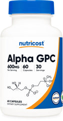 Nutricost Alpha GPC 600mg, botella vista frontal, cápsulas vegetarianas para uso diario.