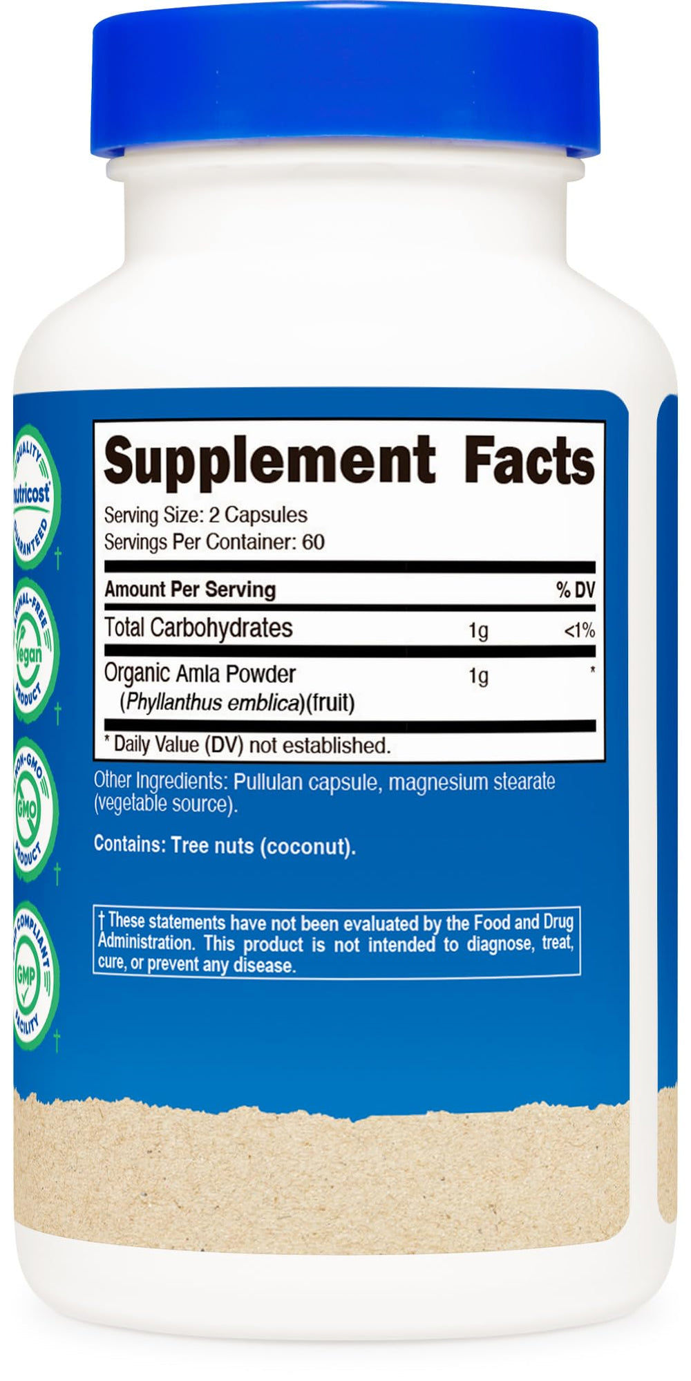 Etiqueta certificada orgánica Nutricost Amla, opción natural libre de OMG