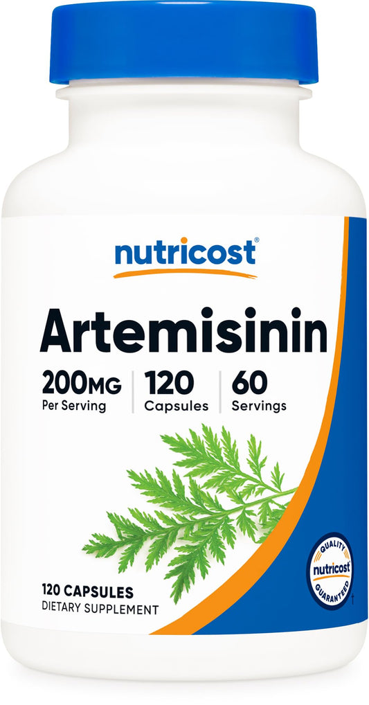 Nutricost Artemisinina 200 mg en botella, cápsulas fáciles de tragar para uso diario.