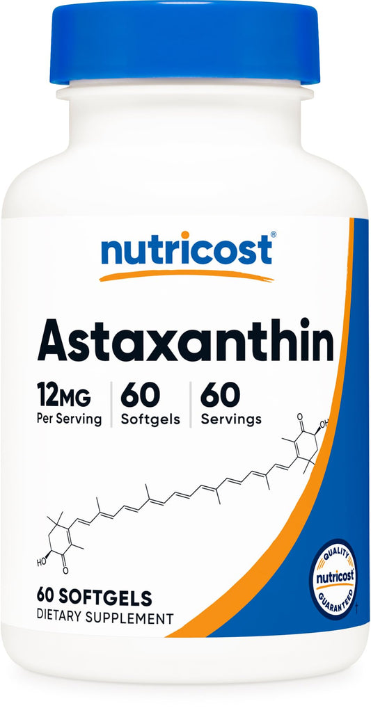 Nutricost Astaxantina 12 mg, botella, ofrece apoyo antioxidante diario.