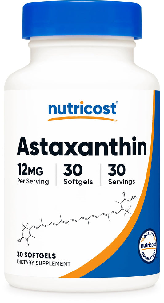 Nutricost Astaxantina 12 mg: botella con cápsulas suaves para uso diario