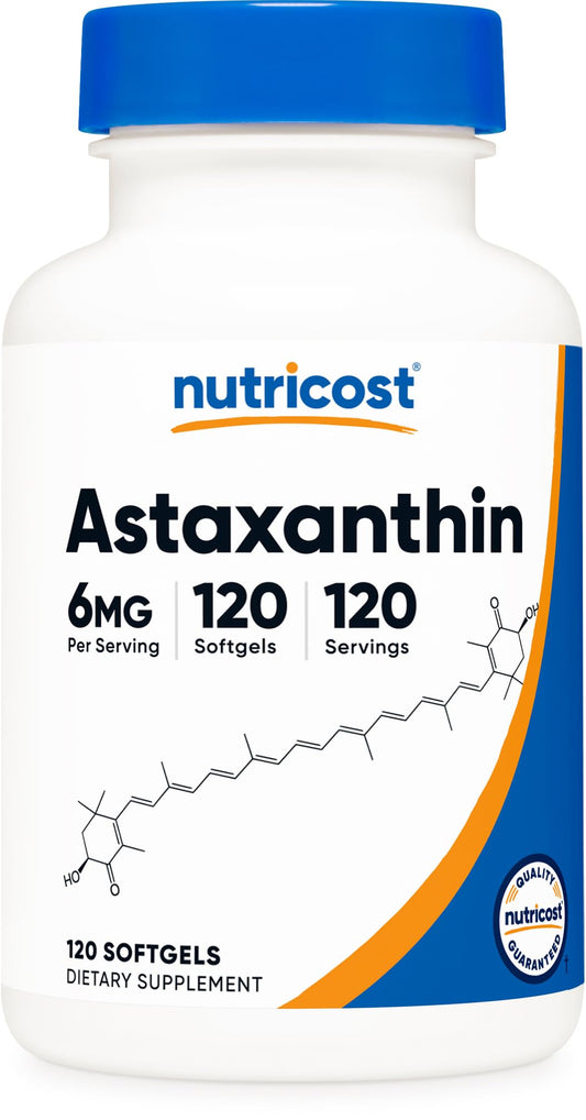 Nutricost Astaxantina 6 mg: cápsulas suaves en la botella para un uso diario cómodo.