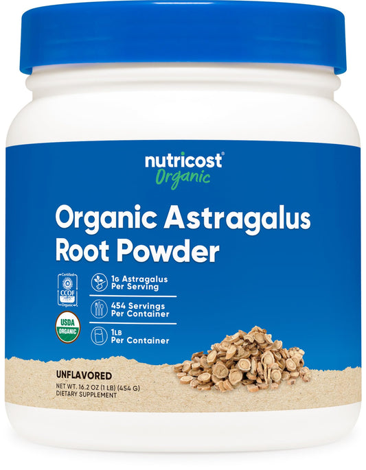 Nutricost envase frontal de astrágalo en polvo mostrando tamaño y diseño