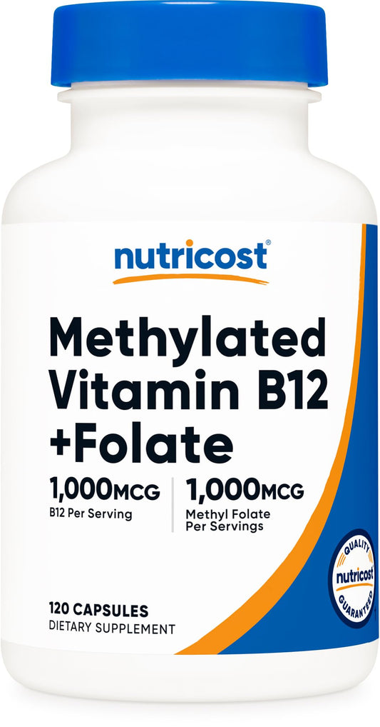Nutricost botella de cápsulas con B12 y folato methylado.