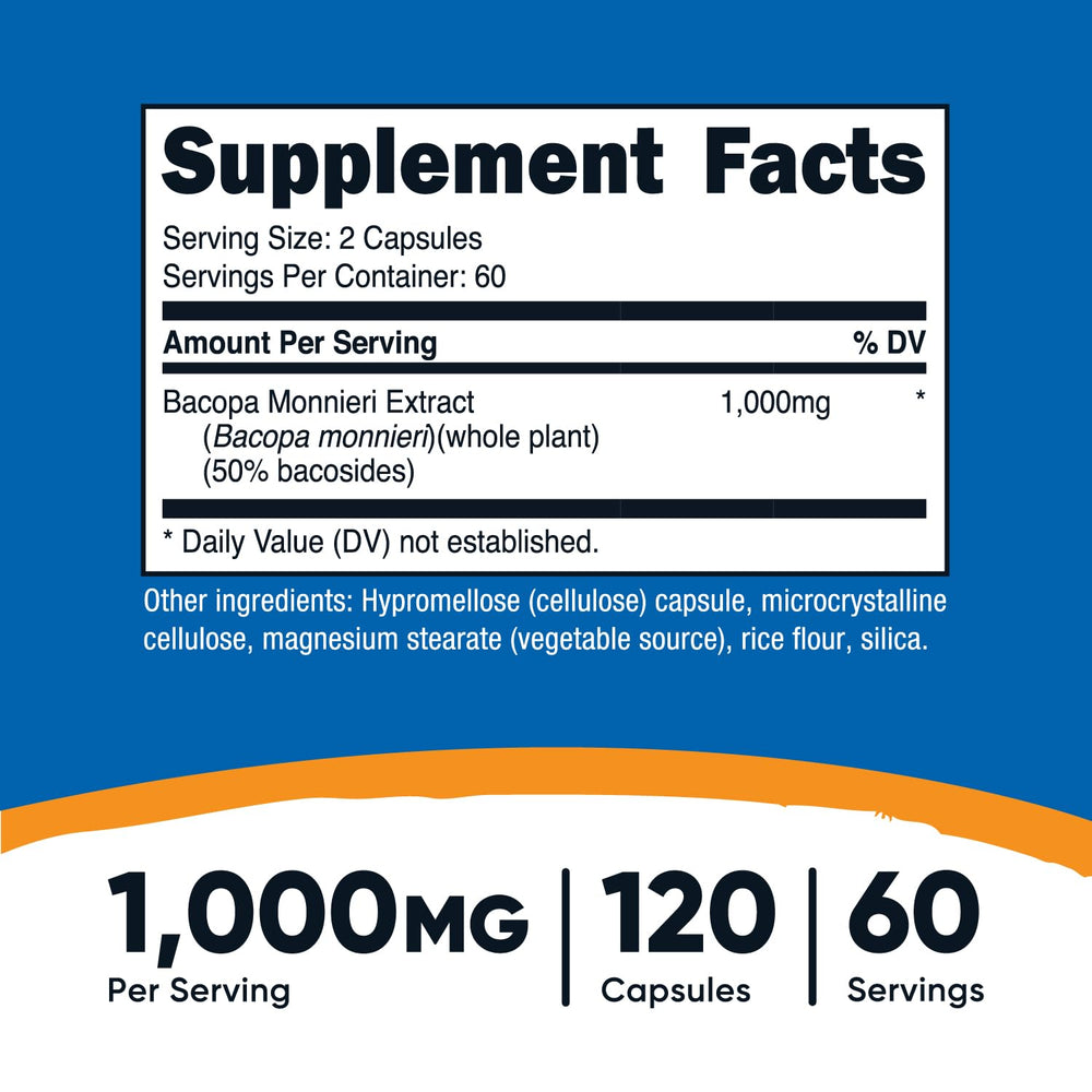 Nutricost Bacopa Monnieri capsules in a 120-count bottle for ongoing use