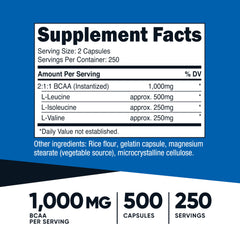 Nutricost BCAA 1000mg: etiqueta frontal que destaca la proporción 2:1:1