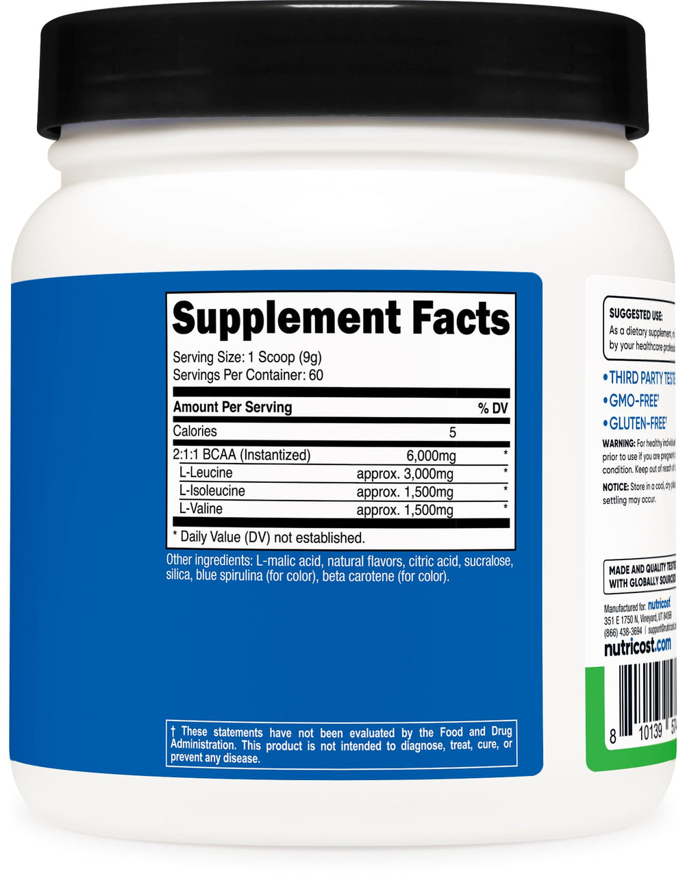 Detalle de etiqueta Nutricost con información de 6 g BCAA y proporción 2:1:1