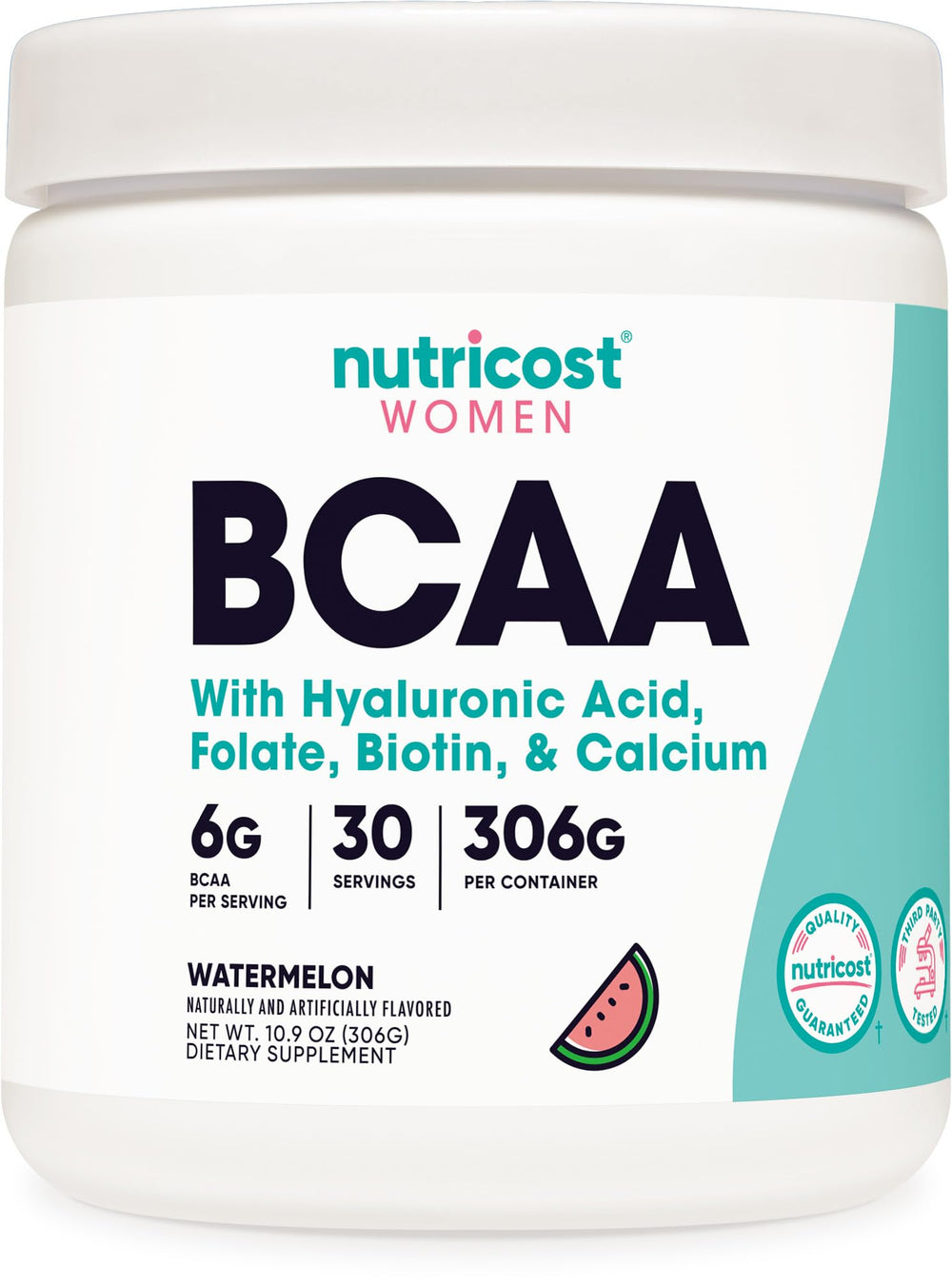Nutricost BCAA para Mujeres, botella frontal, sabor sandía para energía previa al entrenamiento.