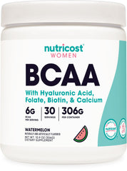 Nutricost BCAA para Mujeres, botella frontal, sabor sandía para energía previa al entrenamiento.