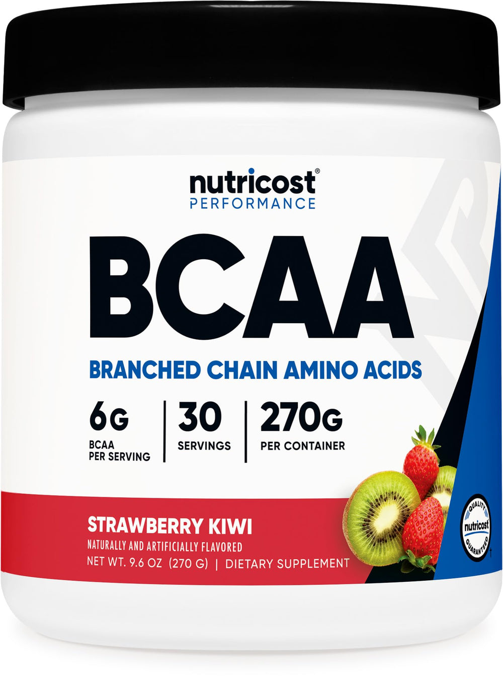 Nutricost BCAA polvo con sabor fresa kiwi en envase, ideal para entrenamiento