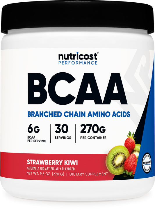 Nutricost BCAA polvo con sabor fresa kiwi en envase, ideal para entrenamiento