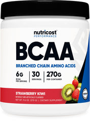 Nutricost BCAA polvo con sabor fresa kiwi en envase, ideal para entrenamiento