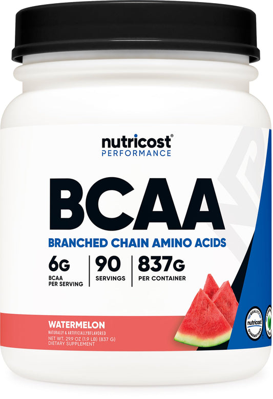 Nutricost BCAA Polvo Sandía en botella, sabor refrescante para entrenamientos.