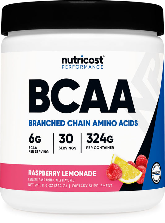 Nutricost BCAA Powder frente al envase, sabor frambuesa-limón, fuente de BCAA para entrenamiento