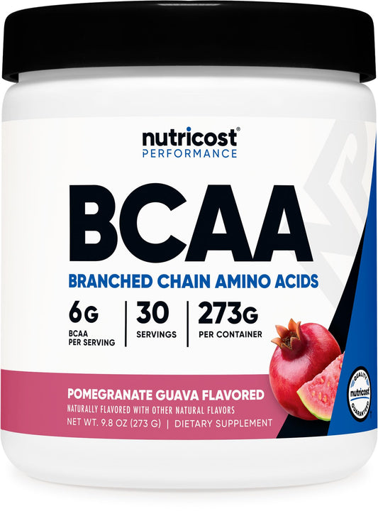 Nutricost BCAA Powder Granada-Guayaba en bote, ideal para entrenamientos y recuperación suave.