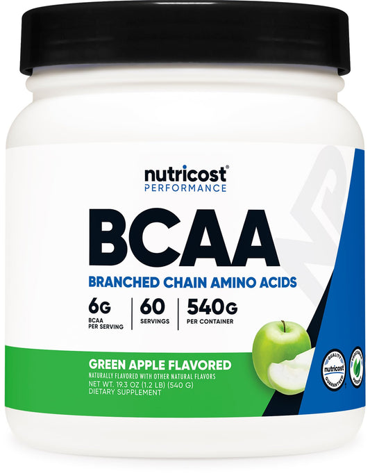 Nutricost BCAA Powder sabor manzana verde, 60 porciones, ideal para recuperación suave.