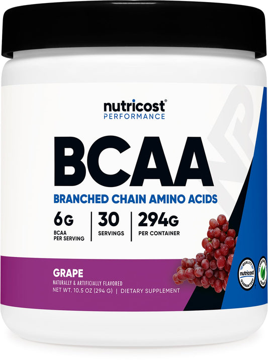 Nutricost BCAA polvo sabor uva, vista de la botella, para sesiones de entrenamiento constantes.