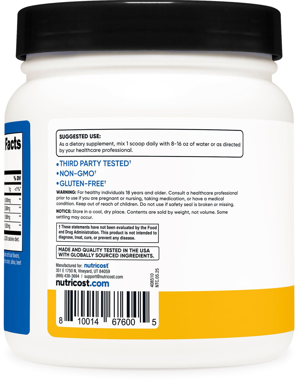 Nutricost scoop junto a lista de ingredientes, dosificación precisa y cómoda