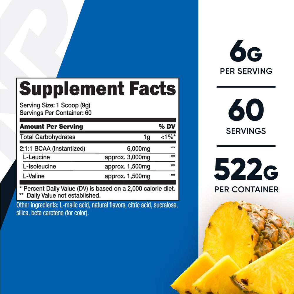Nutricost BCAA polvo piña con taza medidora para dosis precisas