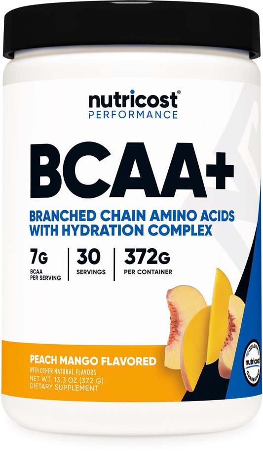 Nutricost BCAA hidratación durazno-mango en bote para entrenamientos y recuperación