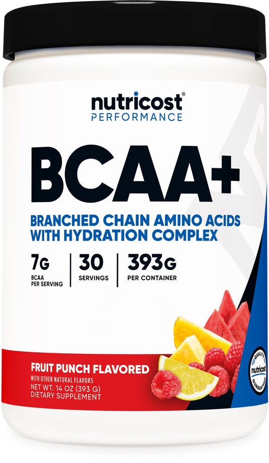 Nutricost BCAA y Hidratación Fruta Punch en bote, ideal para entrenamientos.