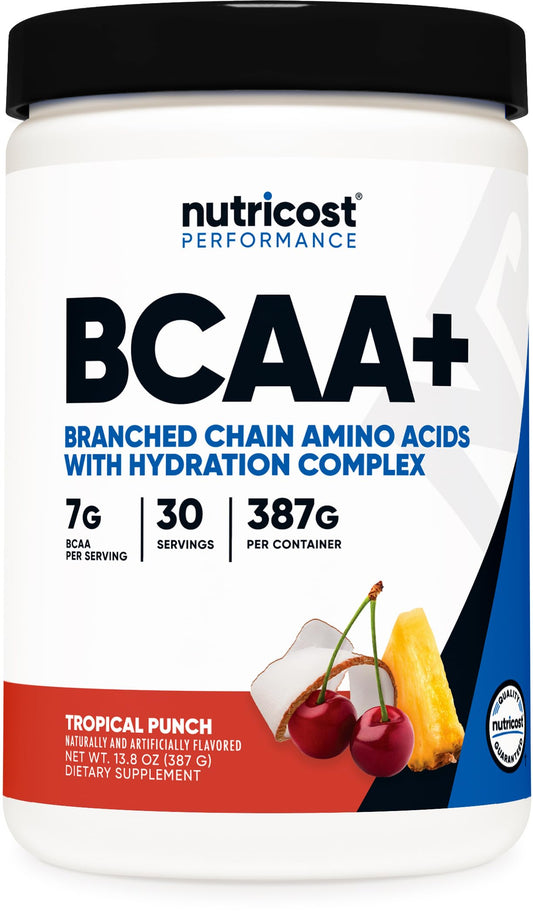 Nutricost BCAA + Hidratación Tropical Punch en botella, ideal para entrenar con hidratación.