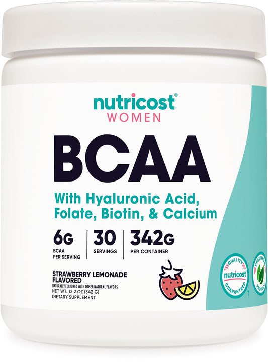 Nutricost BCAA para Mujeres envase sabor fresa limón, ideal para recuperación post-entrenamiento