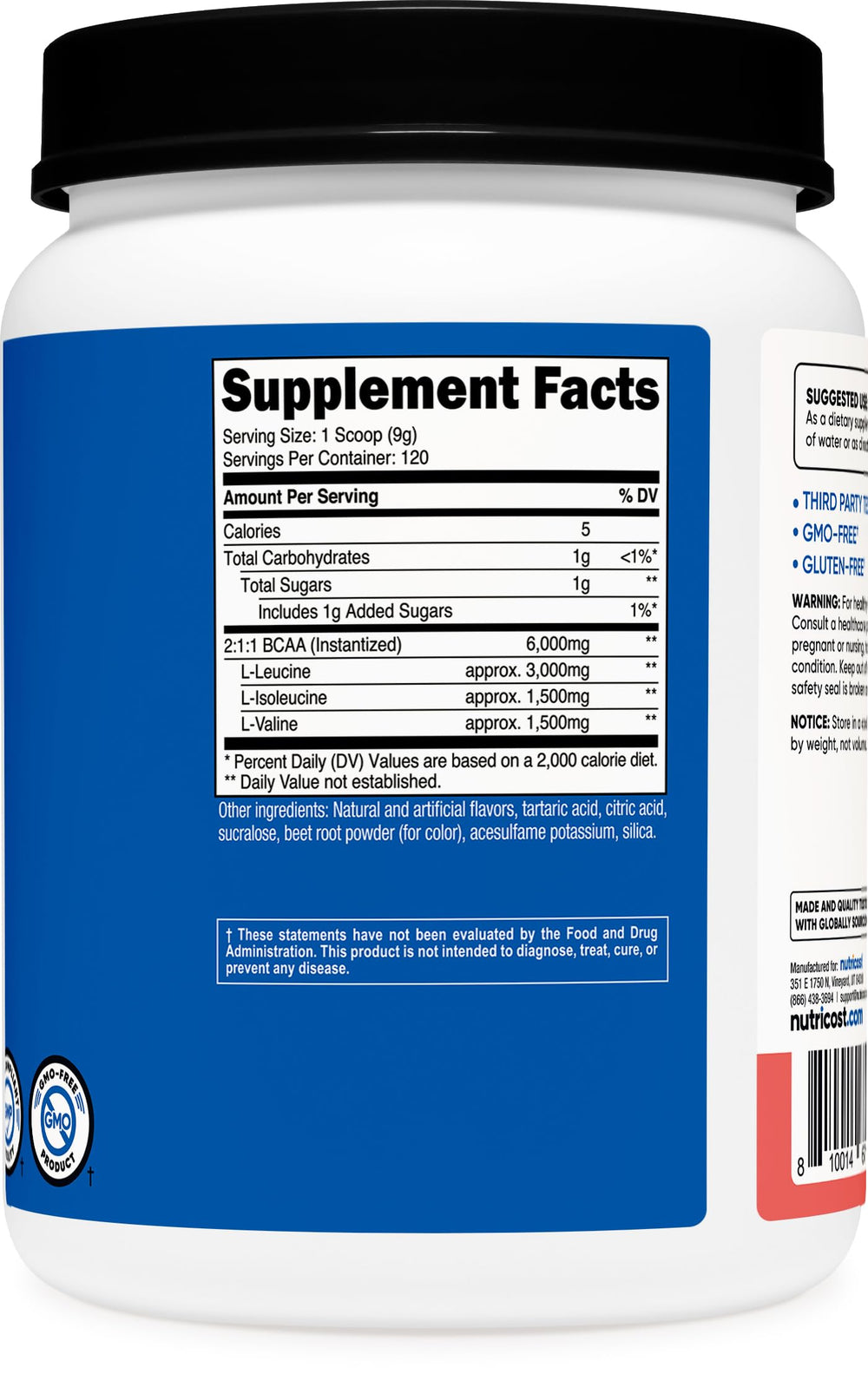 Porciones de Nutricost BCAA polvo sabor sandía en el envase