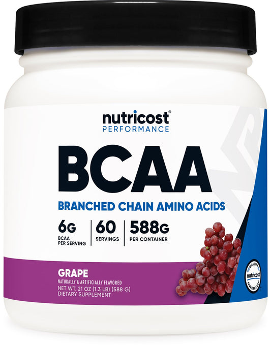 Nutricost BCAA polvo uva, bote frontal, apoyo potencial para la energía durante el entrenamiento.