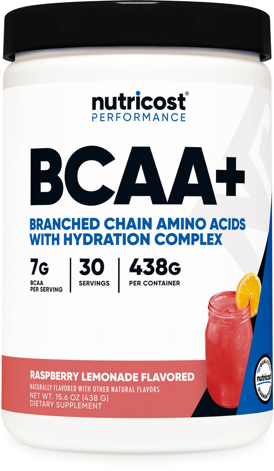 Nutricost BCAA Hidratación en botella, sabor frambuesa limónada, para energía durante entrenamientos.